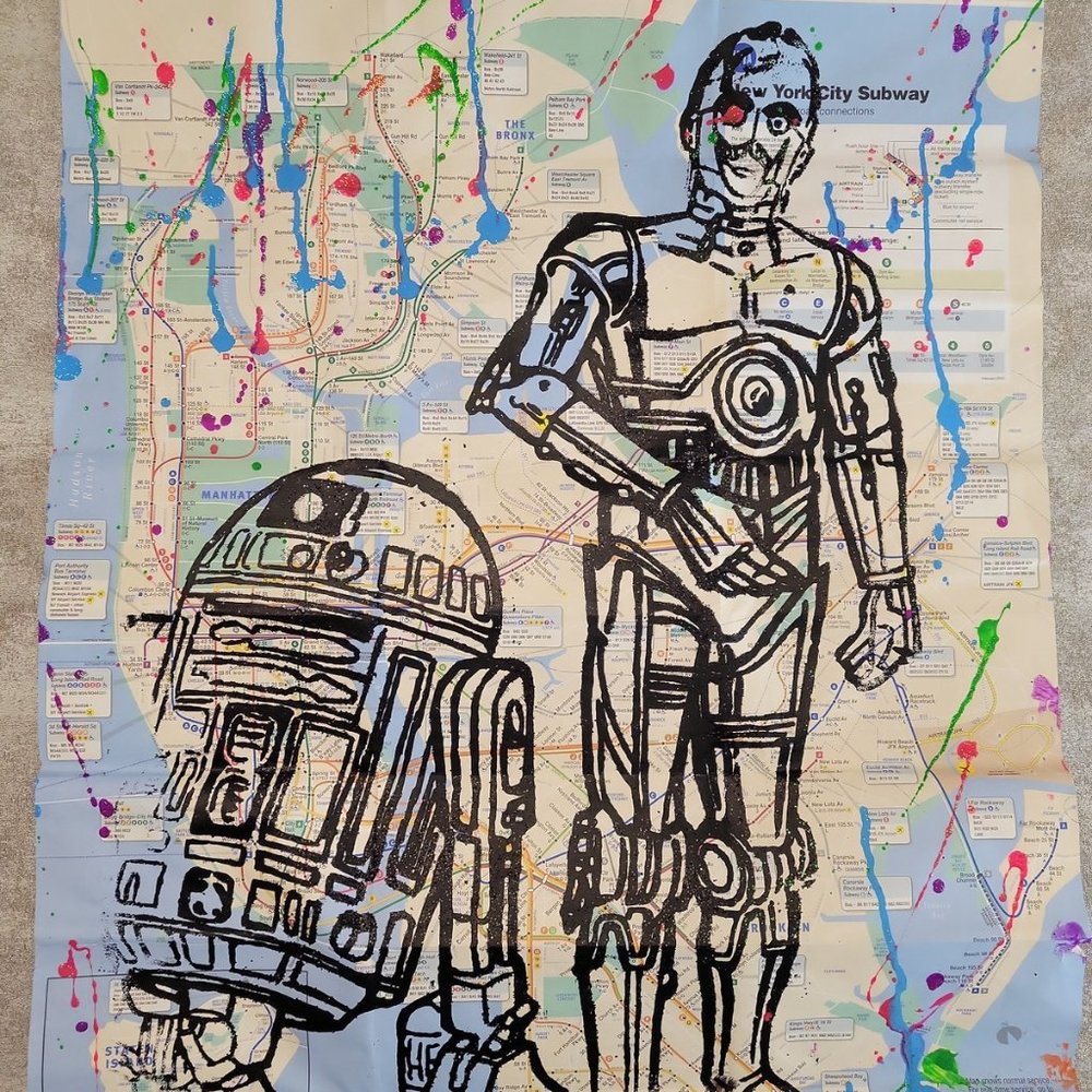 💲 SOLD 💲 Original Handpainted Star Wars Droids R2D2 & C3PO on a NYC Subway Map - Picture 6 of 7
